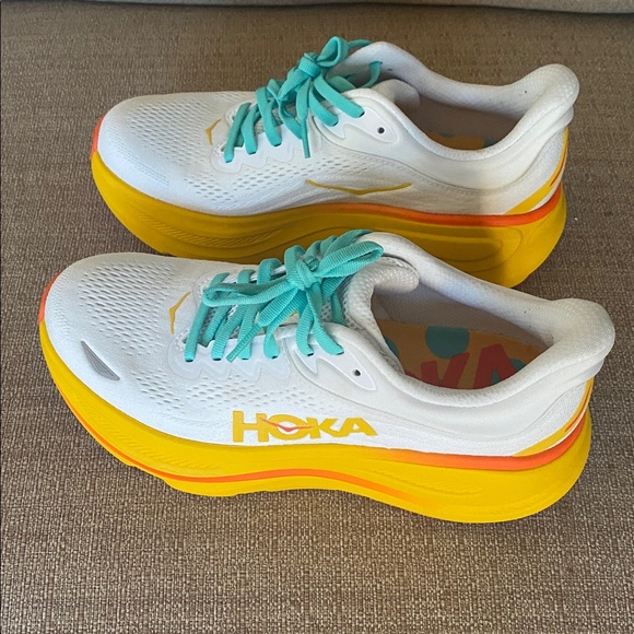 Hoka Shoes - Hoka White and Yellow Athletic Shoes with Teal Accents